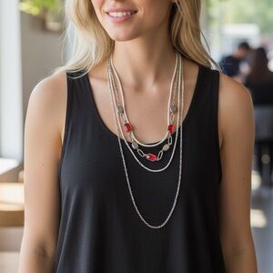 Multi-Strand Silver Tone Red Stone Statement Necklace  NWT (BR1313/1)